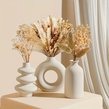 PGY Bohemian White Ceramic Vase Set - Boho Decor, Set of 3