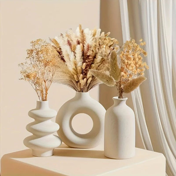 PGY Bohemian White Ceramic Vase Set - Boho Decor, Set of 3