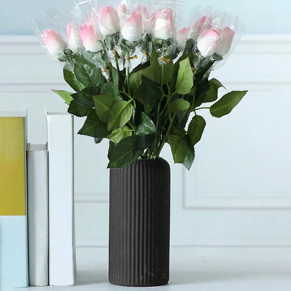 Striped Ceramic-Like Plastic Flower Vase | Black & White In Colour