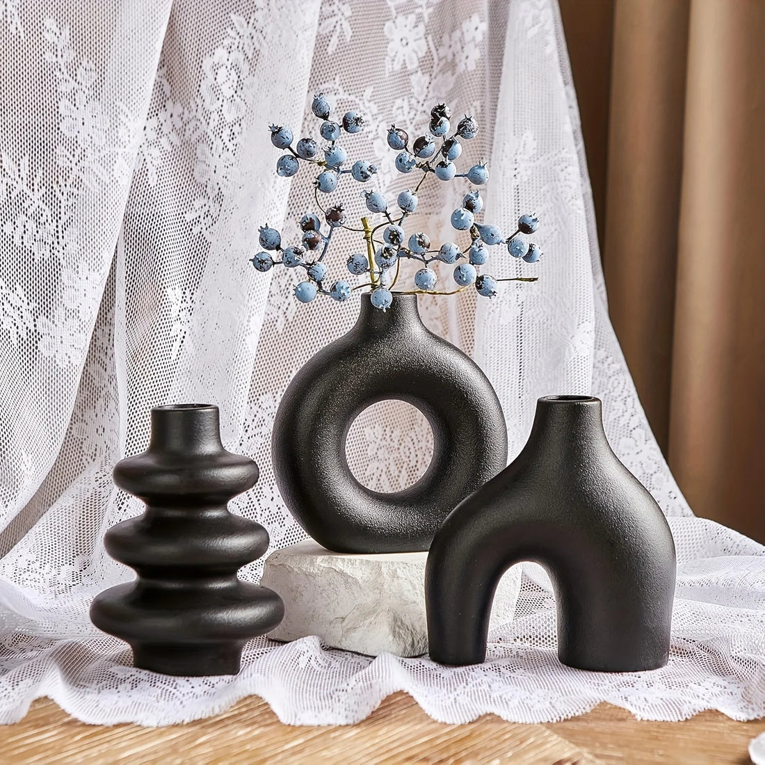 PGY Bohemian Ceramic Vase Set - Boho Decorative Ornaments, Set of 3